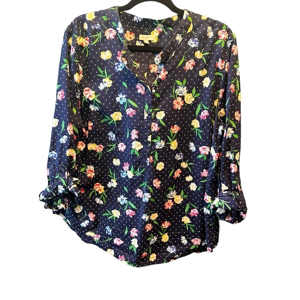 Talbots Navy Blue White Polka Dot Floral Six Button Blouse sz XLarge - Picture 1 of 8